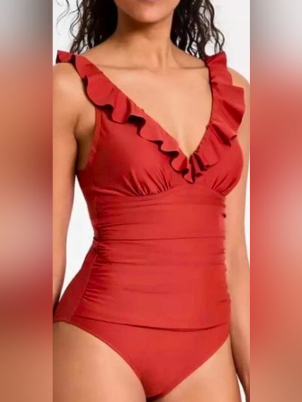 DKNY Rust Ruffled V-Neck Underwire One-Piece Swimsuit